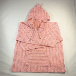 Women's Pink Blue White Striped Hooded Knit Pullover Hoodie Poncho Sz M beach